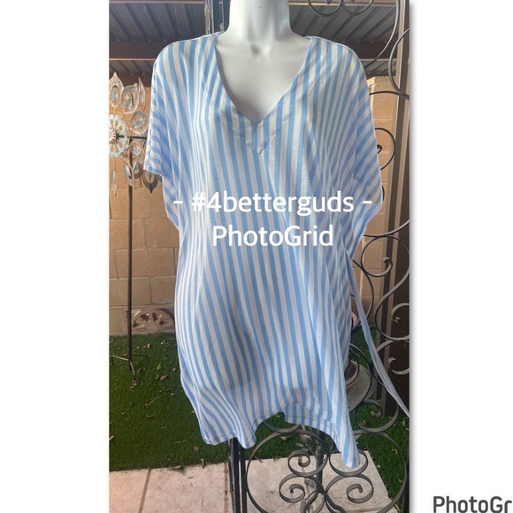 H&M Striped V-Neck Tunic Belted Tie Waist Swimsuit Cover Up Very Oversized MD - Picture 13 of 14
